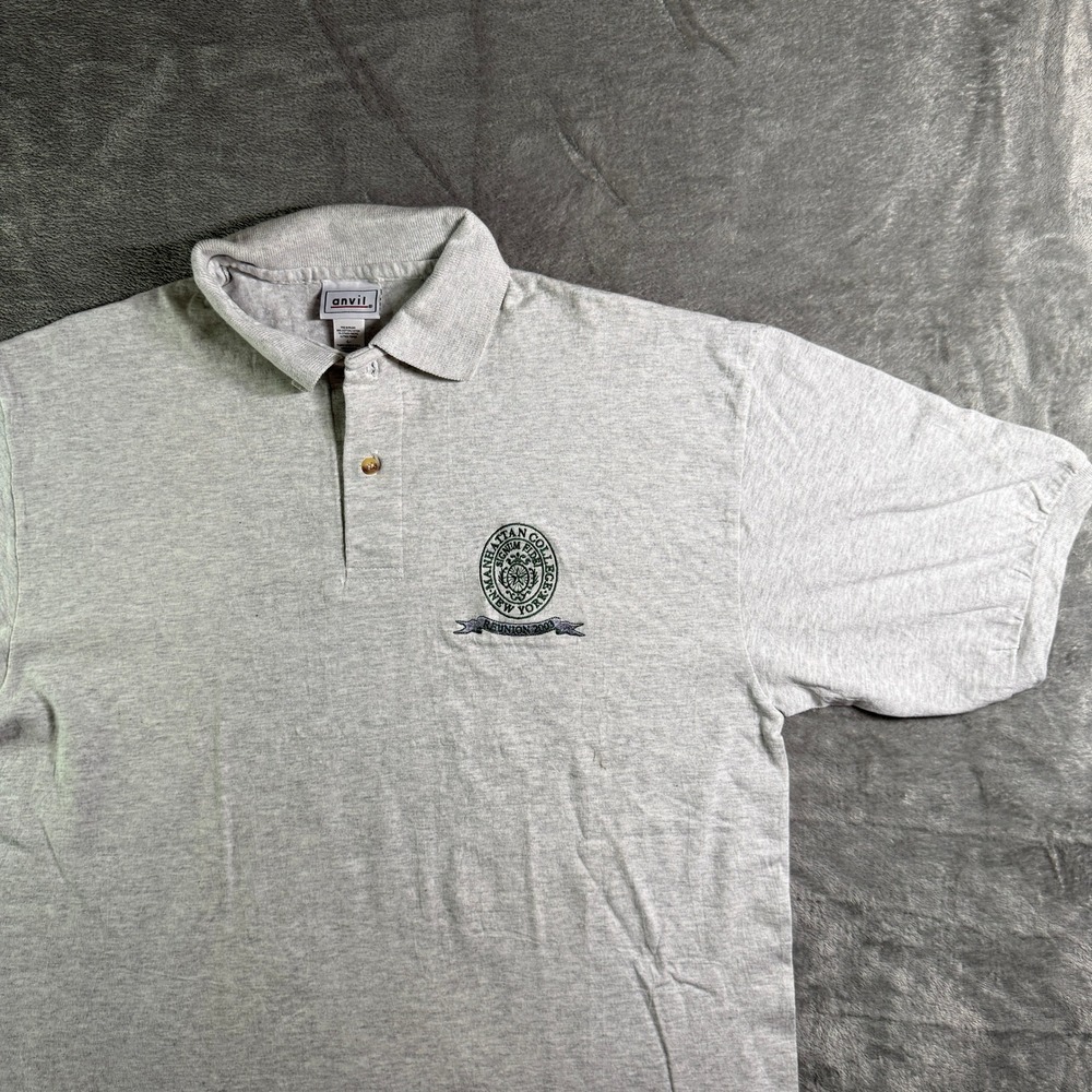 Vintage Y2k Anvil Manhattan College Reunion 2001 Polo Shirt Gray Short Sleeve L